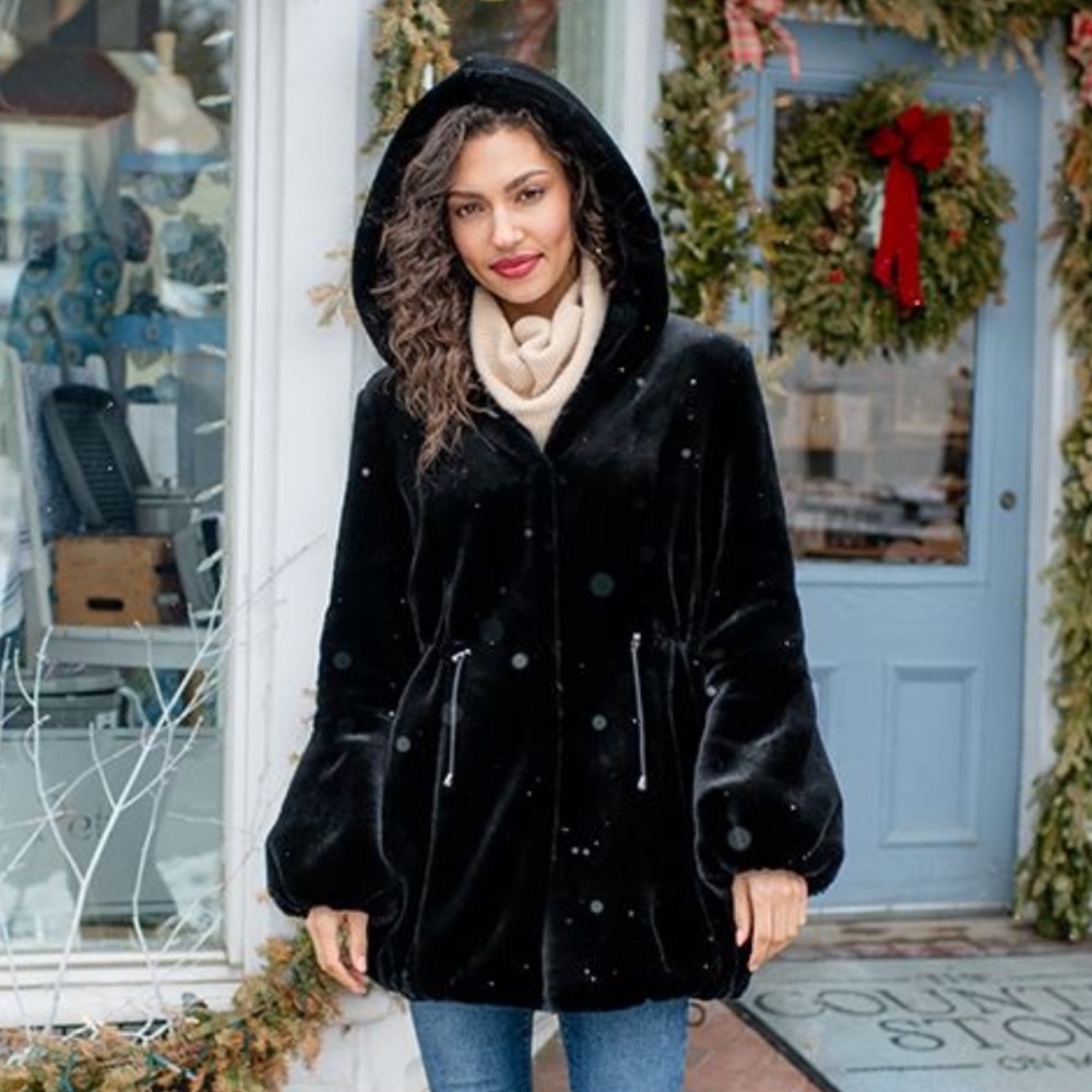 Fabulous Furs Black Hooded Sheared Faux Fur Beaver Anorak Winter Coat Size Small